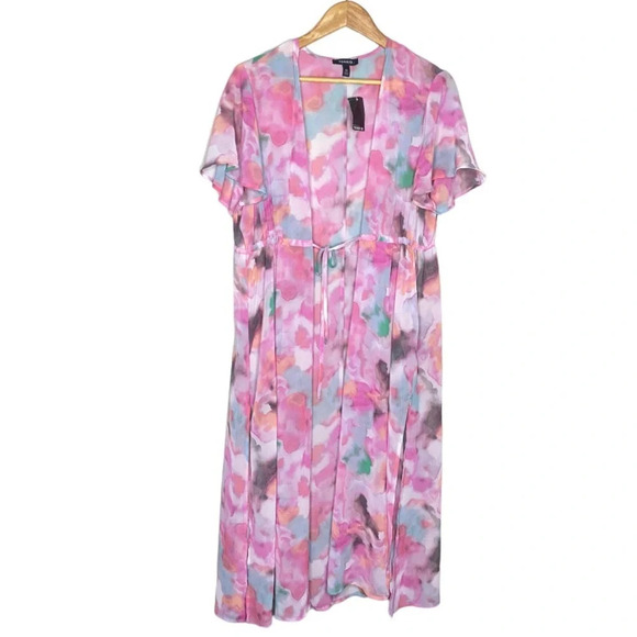 ✨NWT Torrid Pink Tie Dye Watercolor Flutter Sleeve Chiffon Long Kimono Large - Picture 2 of 11